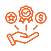 Ícone de mão com medalha, estrela e dólar em laranja representando baixo consumo e economia
