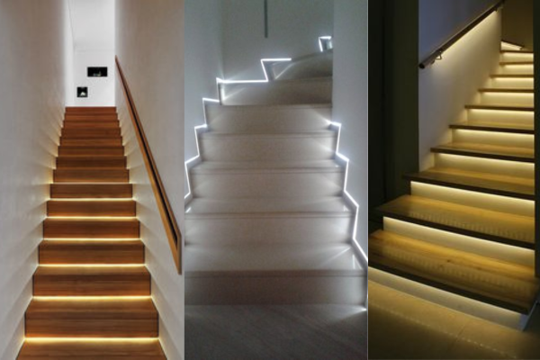 Micro Perfil de LED aplicado em escadaria iluminada para segurança e estilo
