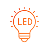 Ícone de lâmpada LED em laranja representando tecnologia e durabilidade