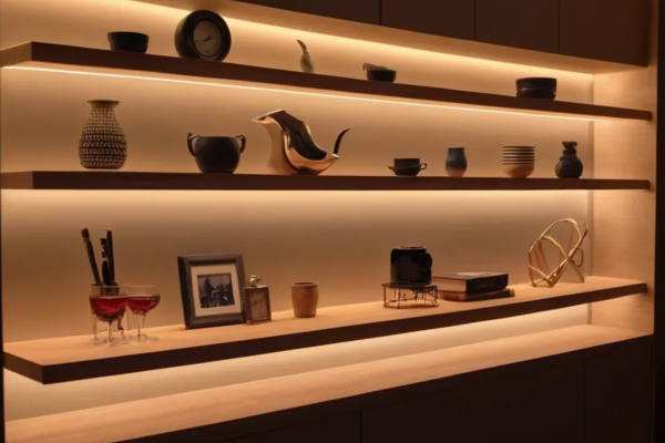 Micro Perfil LED para madeira em prateleiras com itens decorativos iluminados
