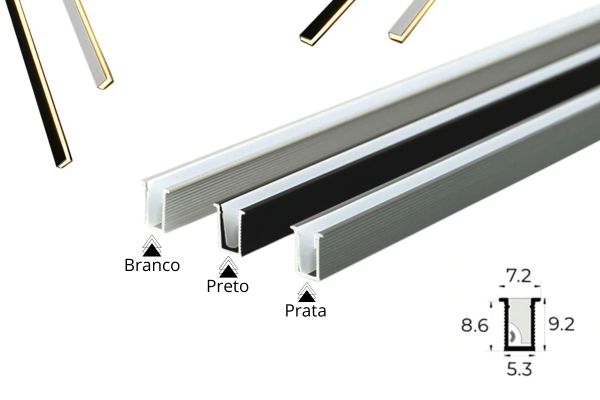 Modelos diversos de Micro Perfil LED em branco, preto e prata com medidas detalhadas
