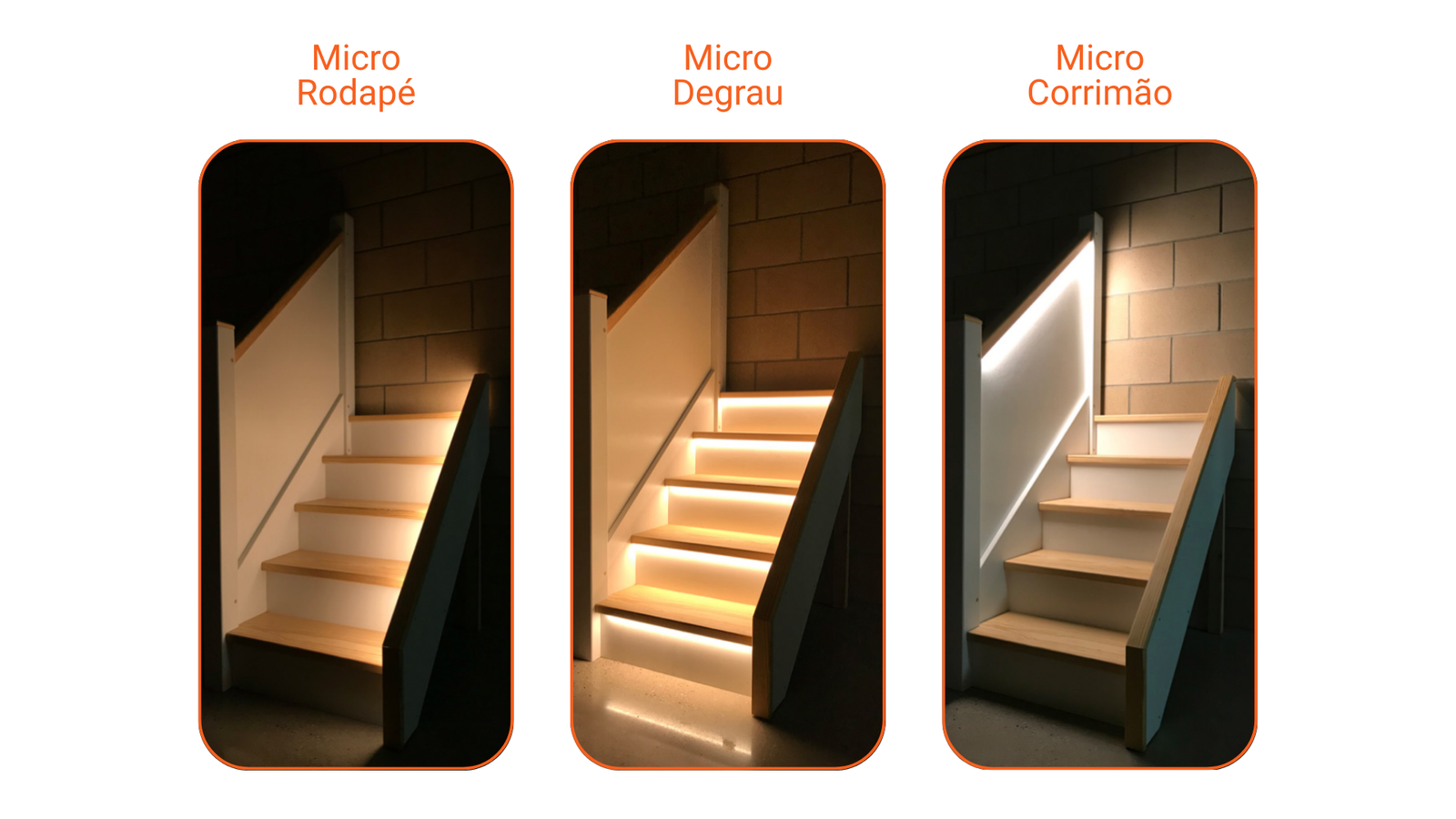 Ilustrações de posicionamento do Micro Perfil de LED: no rodapé, no degrau e no corrimão de escadas